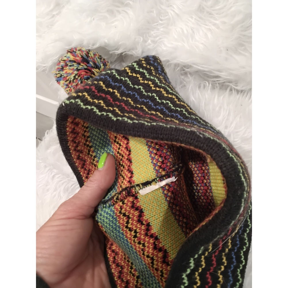 Vintage Style Rainbow Zigzag Knit Beanie with Pom Poms and Floral Accents Black - Picture 3 of 3